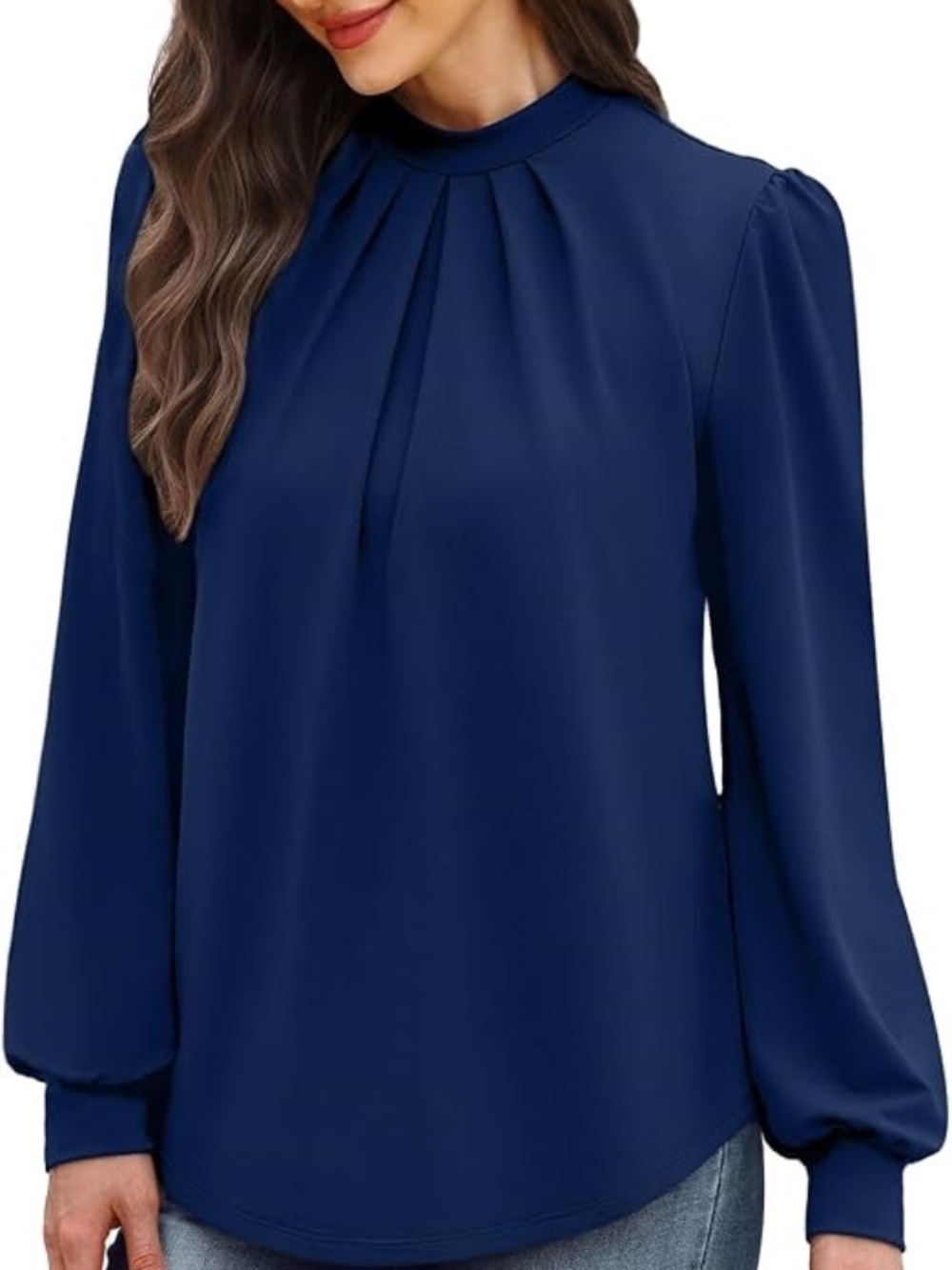 Wiholl Long Sleeve Blouse Mock Neck Pleated Front
